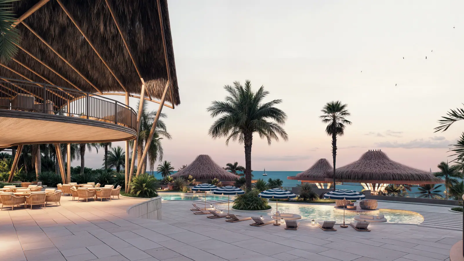 Bar cubierto del Club de Playa con vista a la piscina y al mar