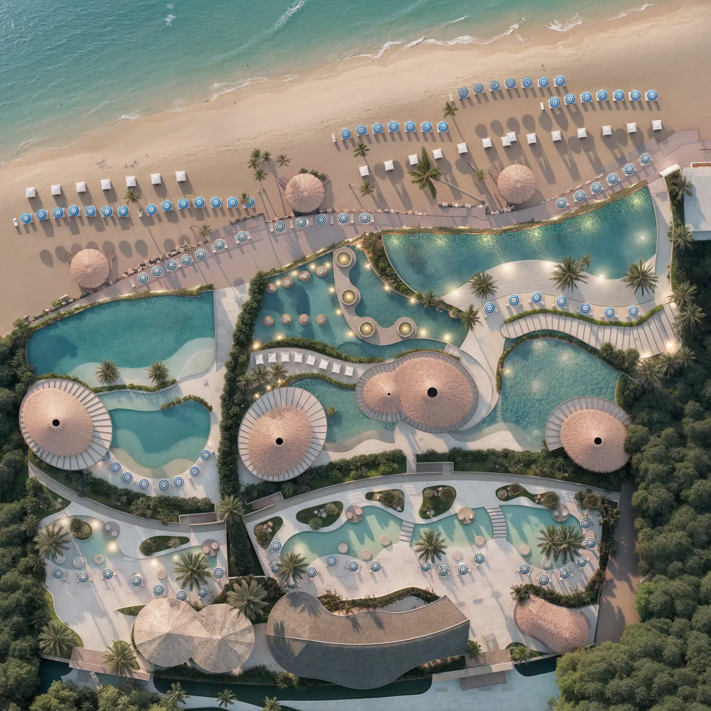 Vista cenital de las piscinas y parasoles del Club de Playa