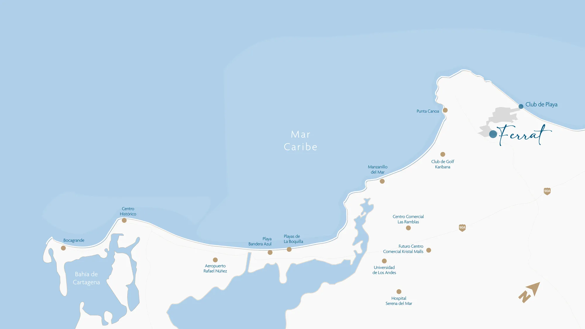 Mapa de la zona norte de Cartagena con la ubicación de Ferrat y su Club de Playa cerca de Punta Canoa, junto a referencias como el aeropuerto Rafael Núñez, el Centro Histórico y La Boquilla
