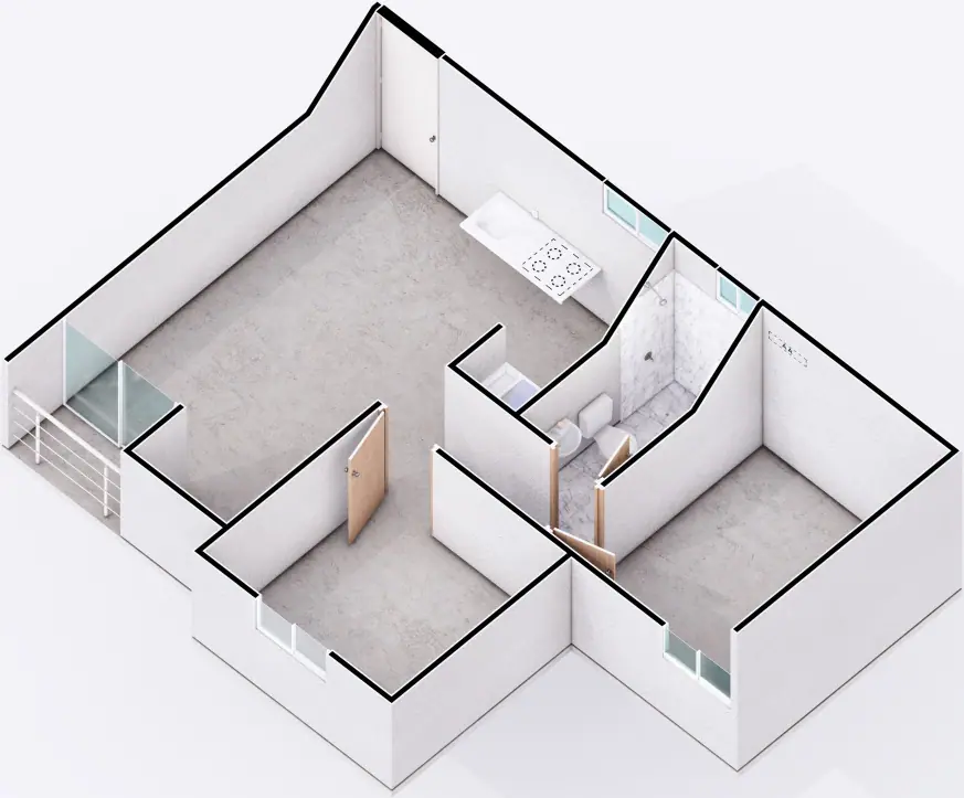 Isométrico del apartamento de 44 m² en acabado base, sin mobiliario