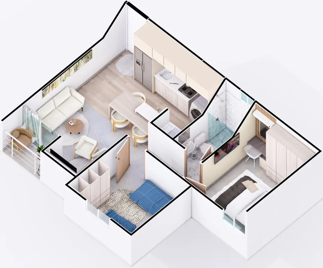 Isométrico del apartamento de 44 m² amoblado y personalizado
