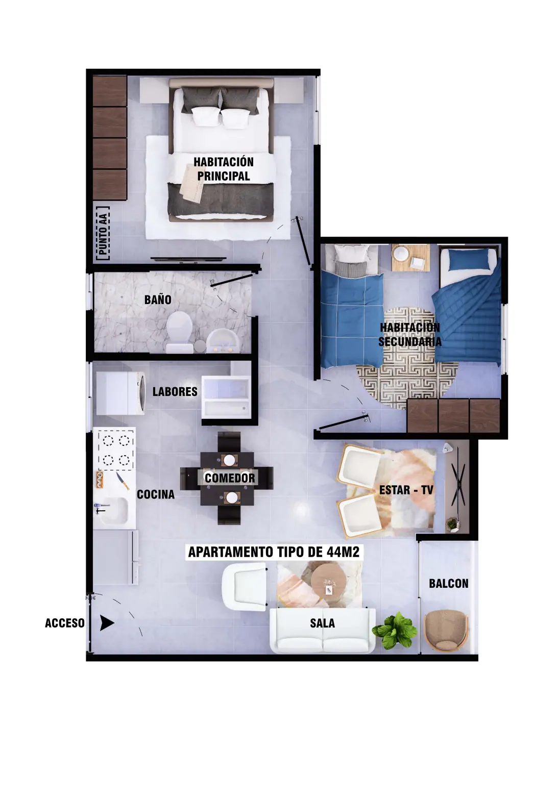 Plano del apartamento tipo 44 m² de Portales del Palmar con sala, comedor, cocina, dos habitaciones y un baño
