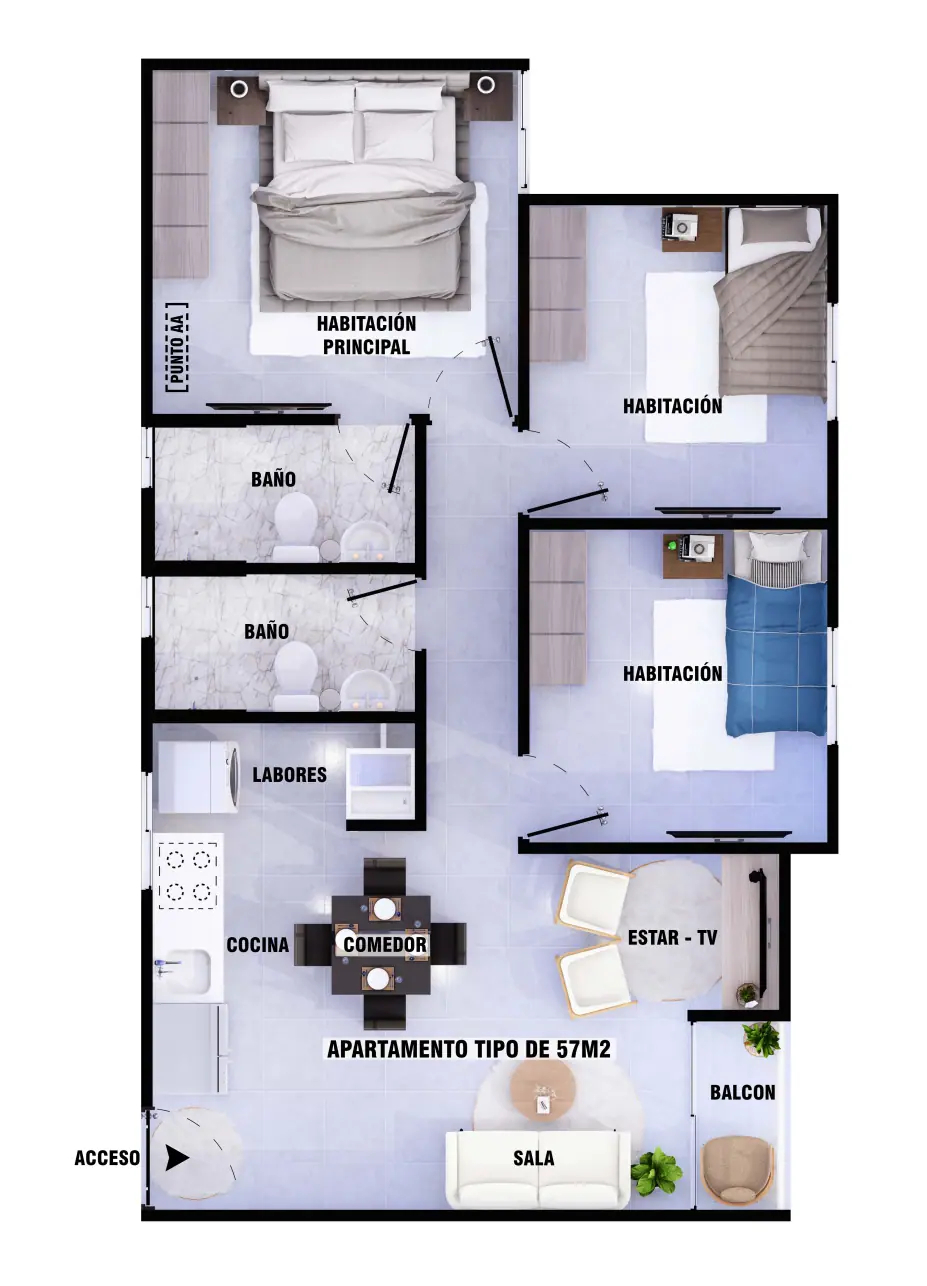 Plano del apartamento tipo 57 m² de Portales del Palmar con sala, comedor, cocina, tres habitaciones y dos baños