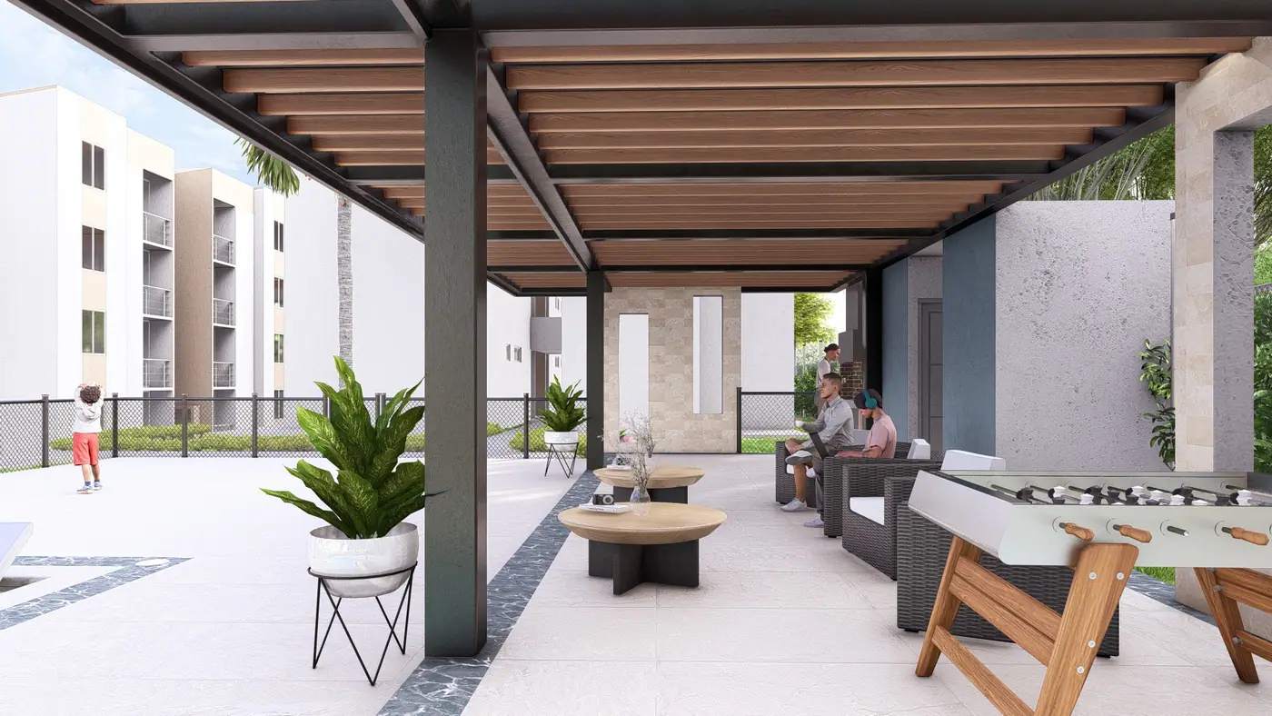 Salón premium cubierto con pérgola, zona BBQ y mobiliario de estar