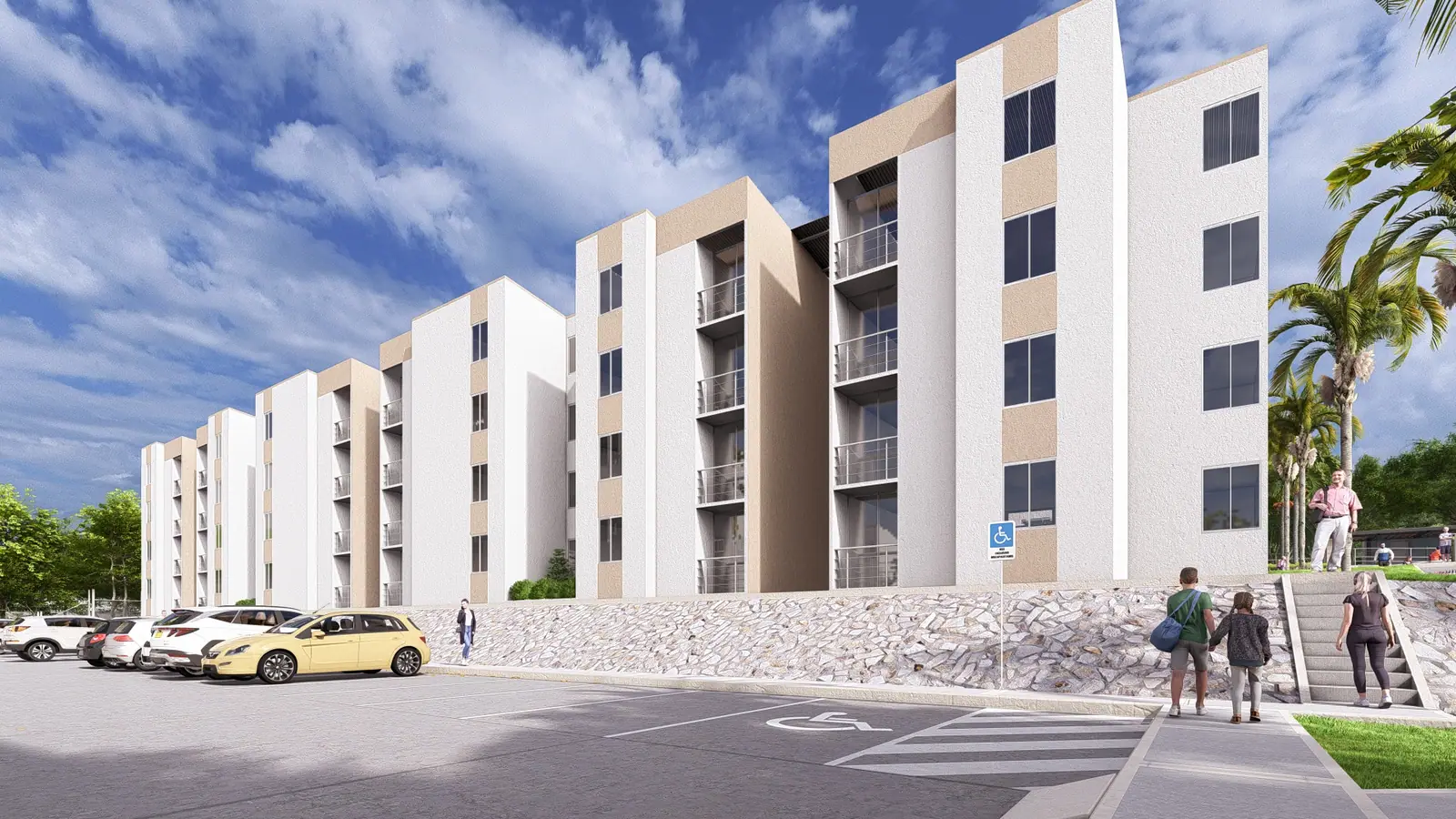 Bloques de apartamentos de Portales del Palmar entre palmeras y zonas verdes
