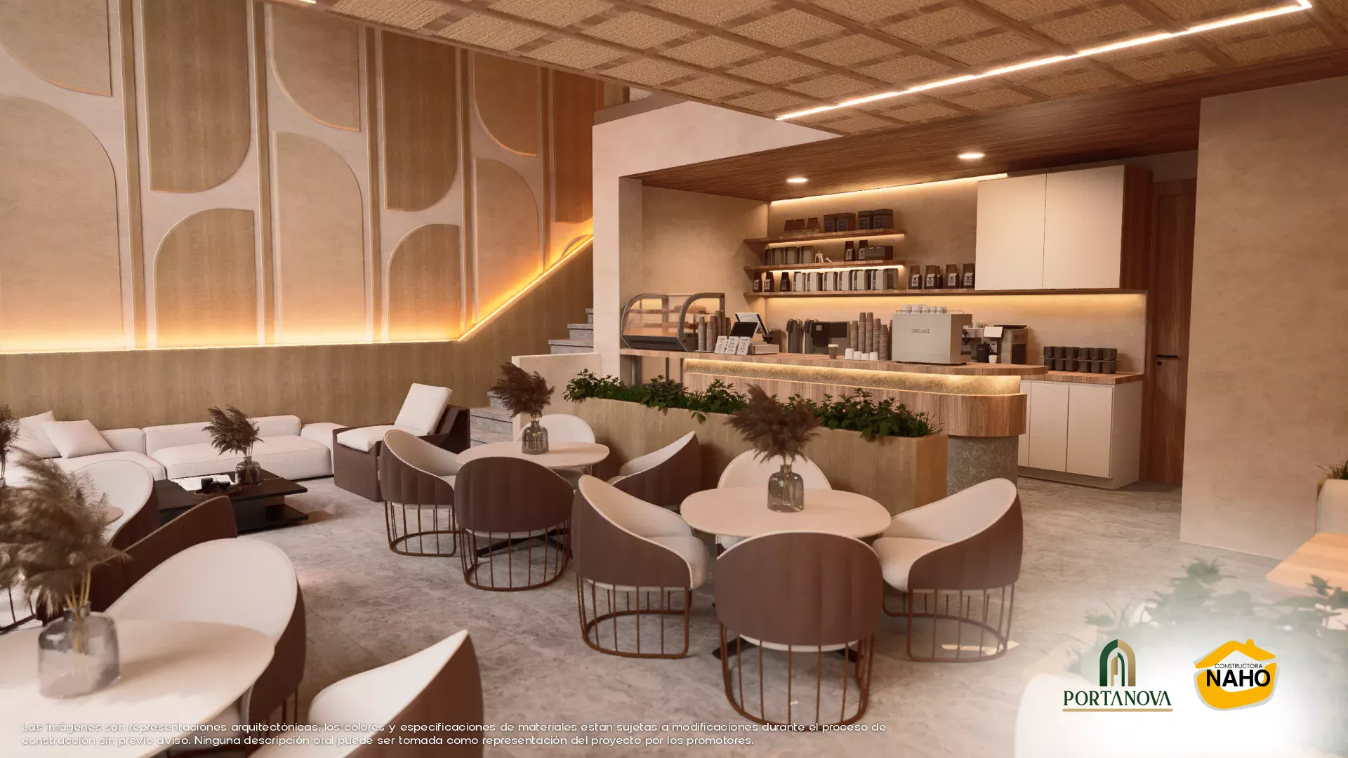 Render de la cafetería del conjunto Portanova